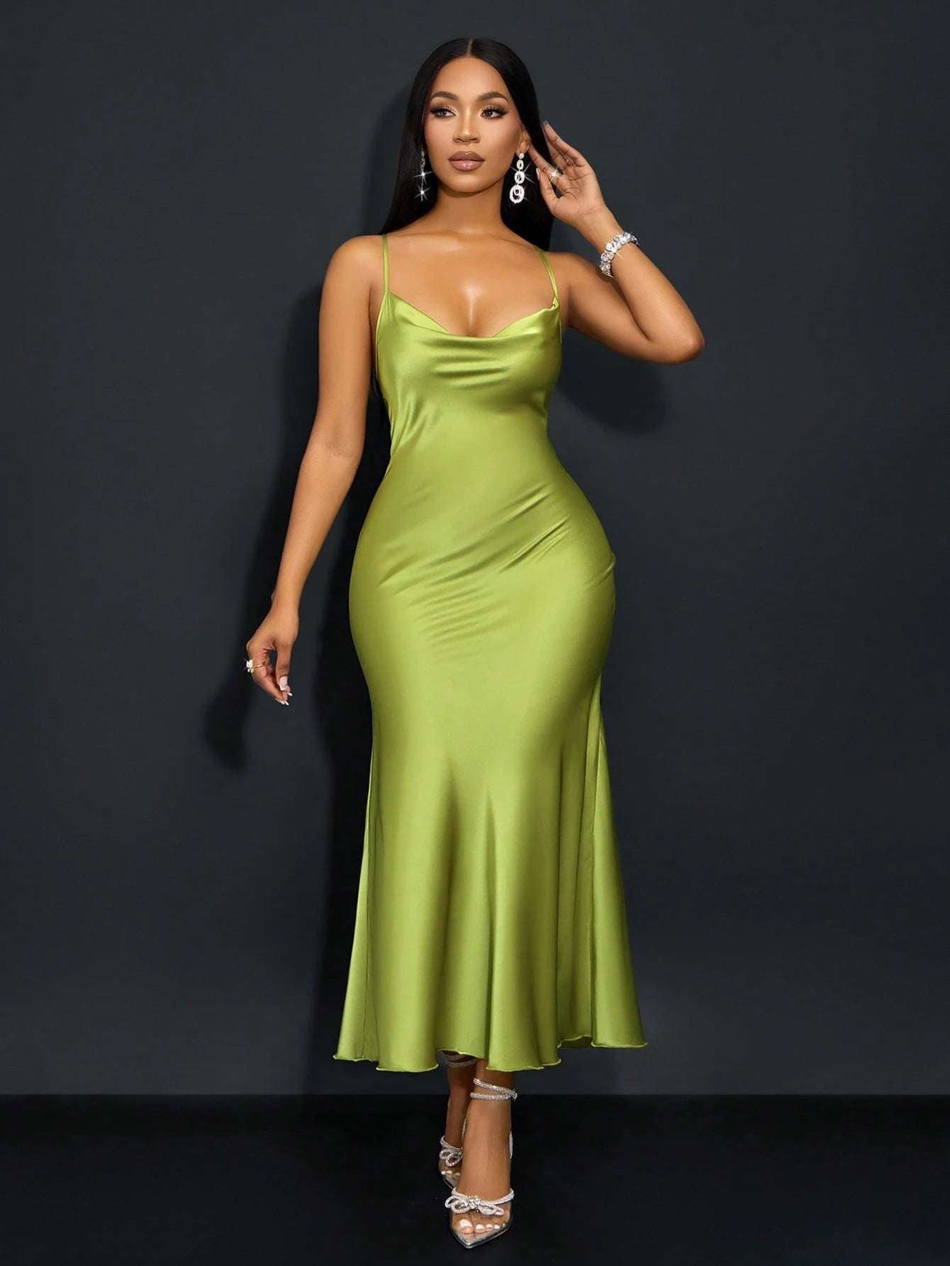 SOLERSUN Halter, Suspender, Swing Collar, Pocket Collar, Low Waist, Cross Open Back, Fishtail, Long Green Matcha Green Dress, Sexy and Elegant Party Dress, Sisters Evening Dress, Ladies Dress Maxi Satin Women Outfit