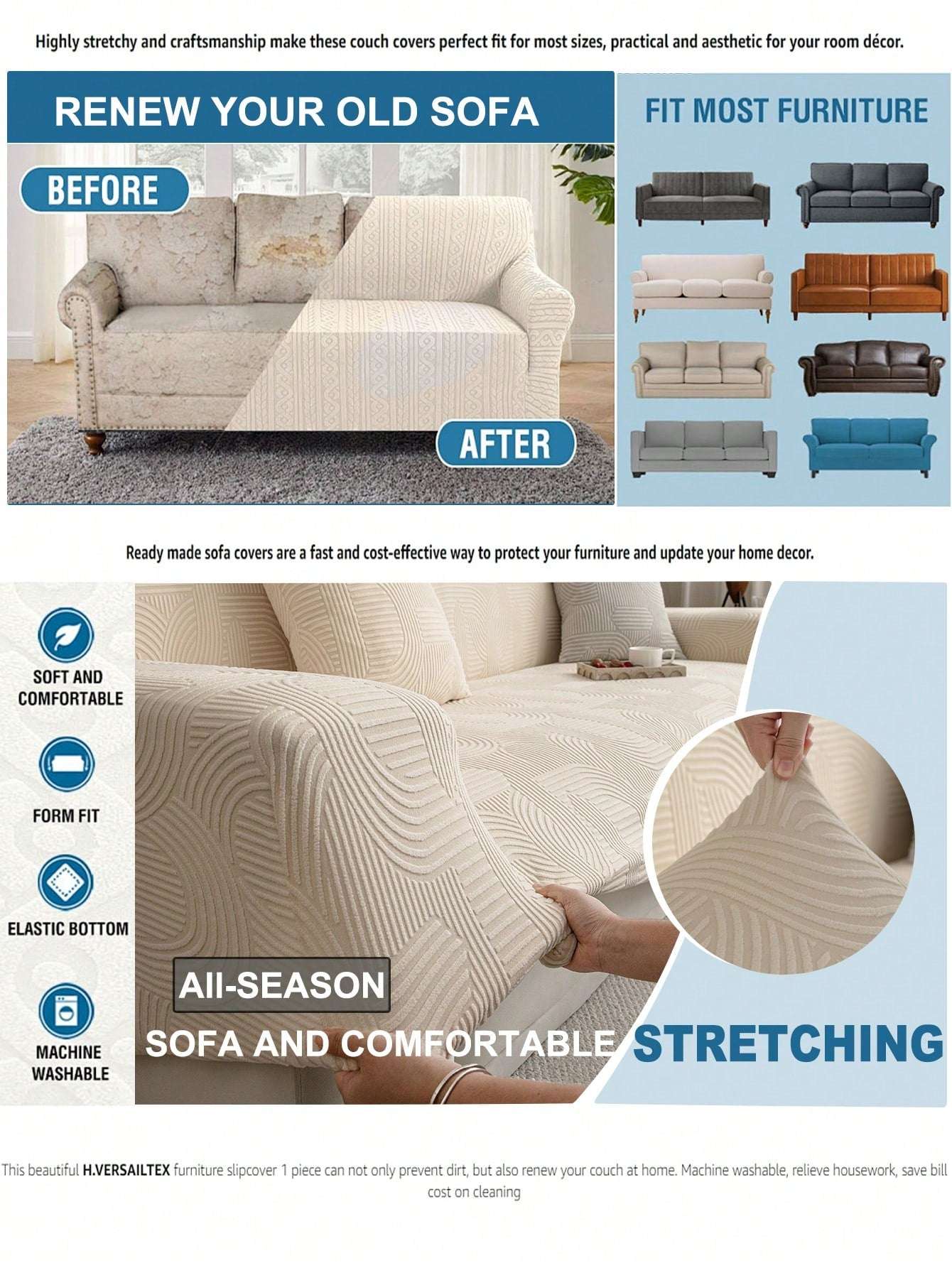 1Pc Solid Color Elastic Sofa Cover, Suitable for Spring, Summer, Autumn, Winter, Pet-Friendly, Anti-Slip, Anti-Dirty, for Living Room, Bedroom, Office, 1-Seat, 2-Seat, 3-Seat, 4-Seat