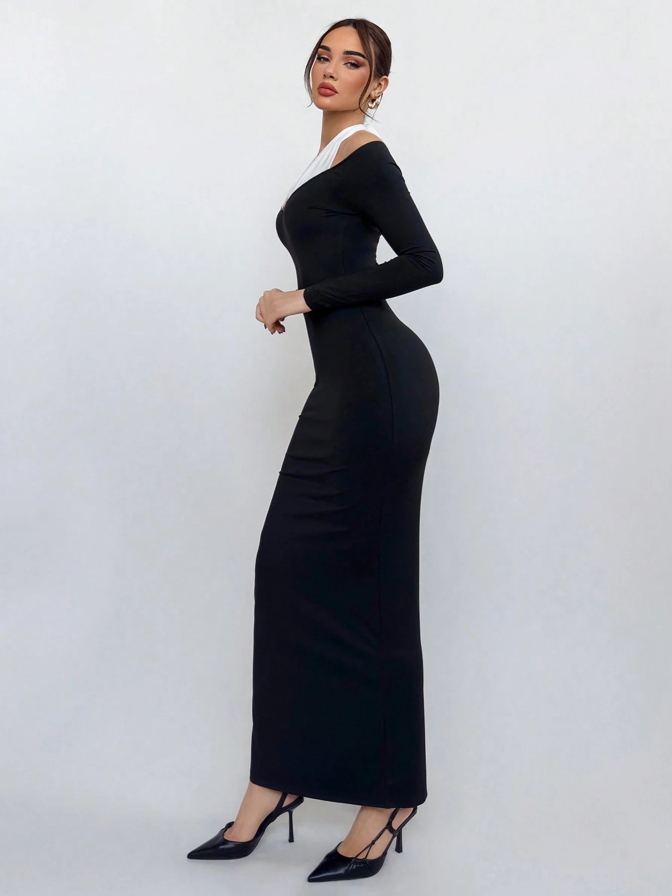 Aloruh Women'S Elegant Romantic Valentine'S Day Dress Birthday Dress Black and White Contrast Color Halter Knitted Dress Solid Color Basic Dress Long Sleeve Dress Bodycon Dress Spring