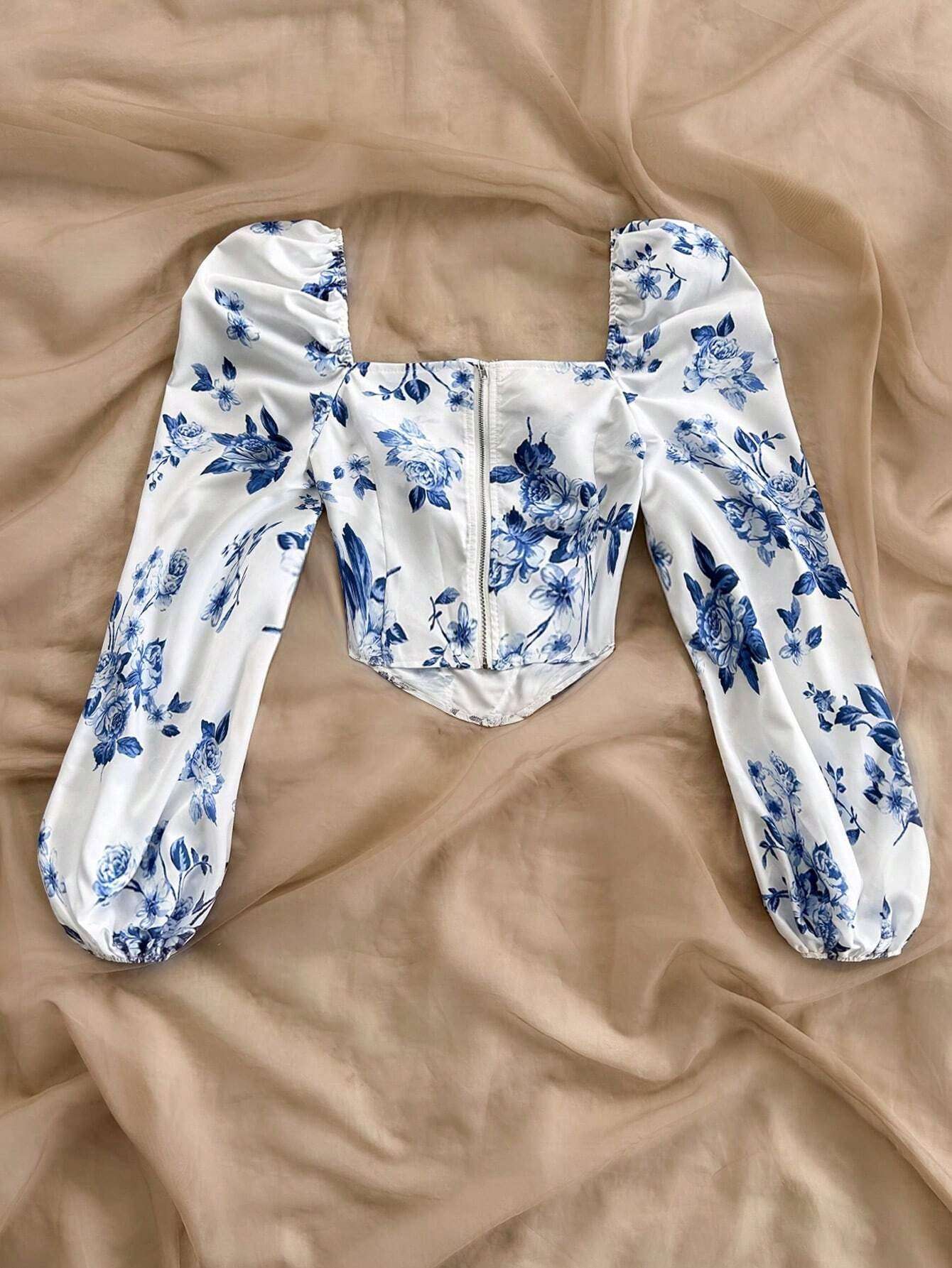 Soleia Casual Vacation Blue & White Asymmetrical Hem Printed Blouse for Women