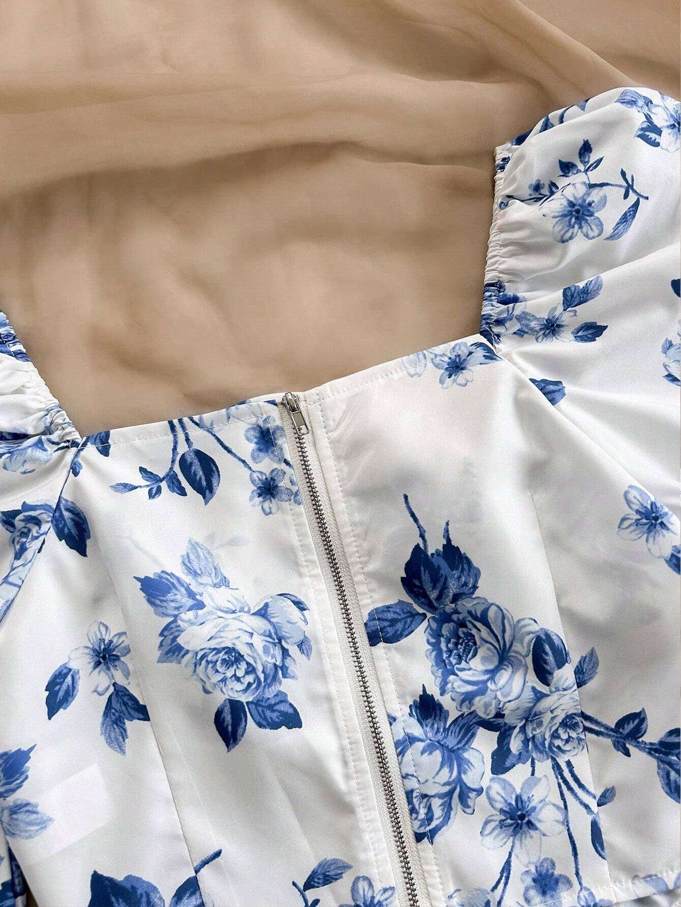 Soleia Casual Vacation Blue & White Asymmetrical Hem Printed Blouse for Women