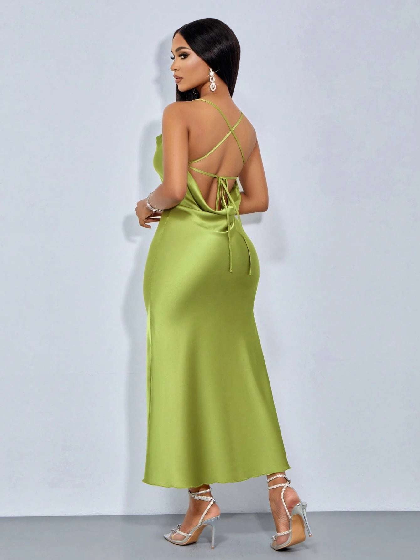 SOLERSUN Halter, Suspender, Swing Collar, Pocket Collar, Low Waist, Cross Open Back, Fishtail, Long Green Matcha Green Dress, Sexy and Elegant Party Dress, Sisters Evening Dress, Ladies Dress Maxi Satin Women Outfit