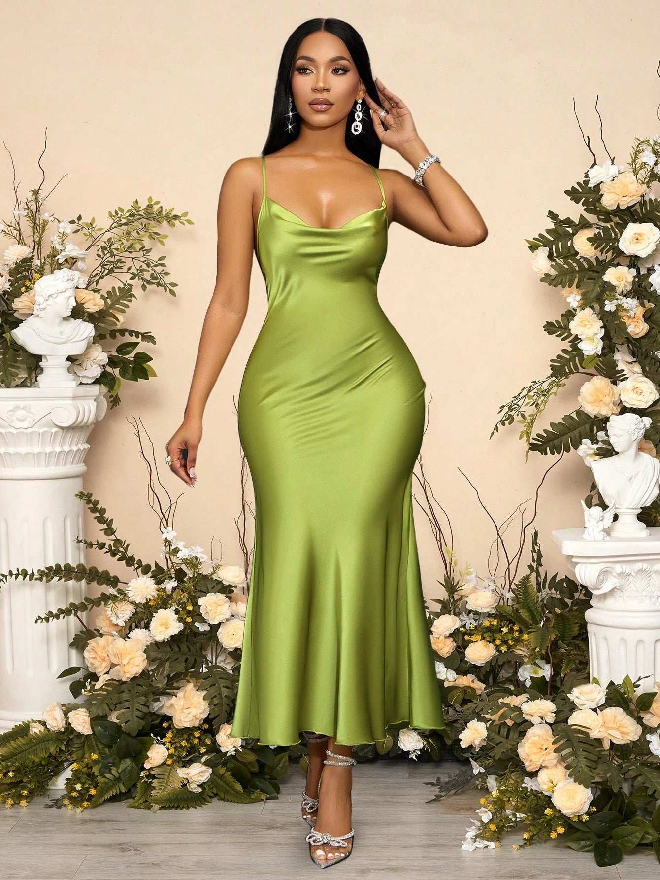 SOLERSUN Halter, Suspender, Swing Collar, Pocket Collar, Low Waist, Cross Open Back, Fishtail, Long Green Matcha Green Dress, Sexy and Elegant Party Dress, Sisters Evening Dress, Ladies Dress Maxi Satin Women Outfit