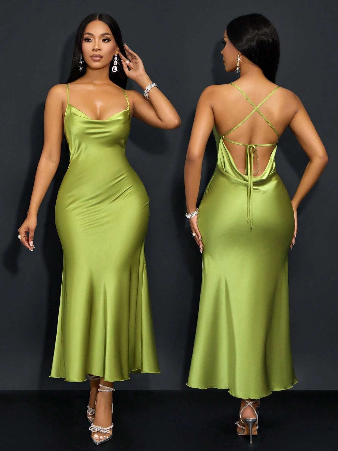 SOLERSUN Halter, Suspender, Swing Collar, Pocket Collar, Low Waist, Cross Open Back, Fishtail, Long Green Matcha Green Dress, Sexy and Elegant Party Dress, Sisters Evening Dress, Ladies Dress Maxi Satin Women Outfit