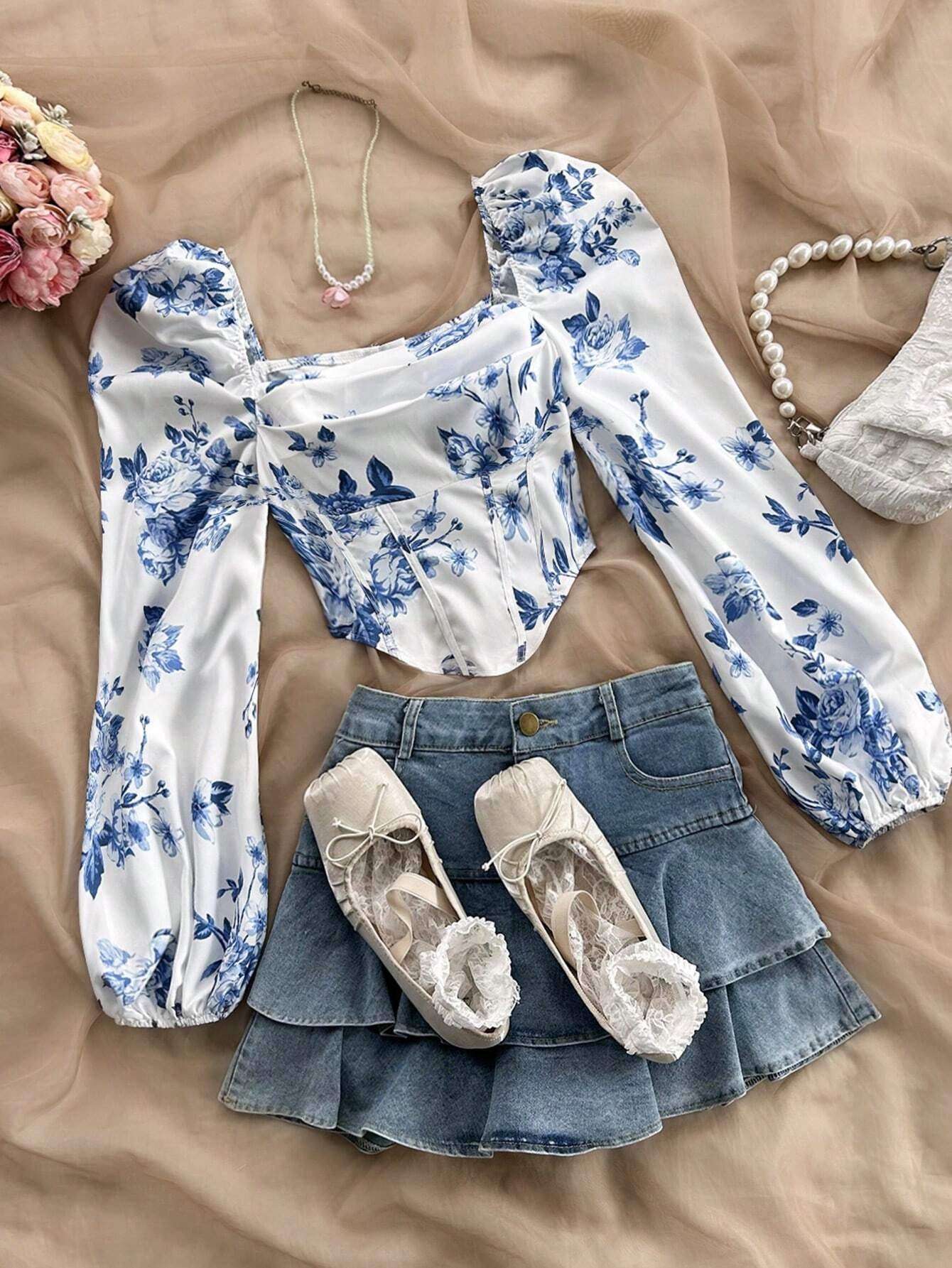 Soleia Casual Vacation Blue & White Asymmetrical Hem Printed Blouse for Women