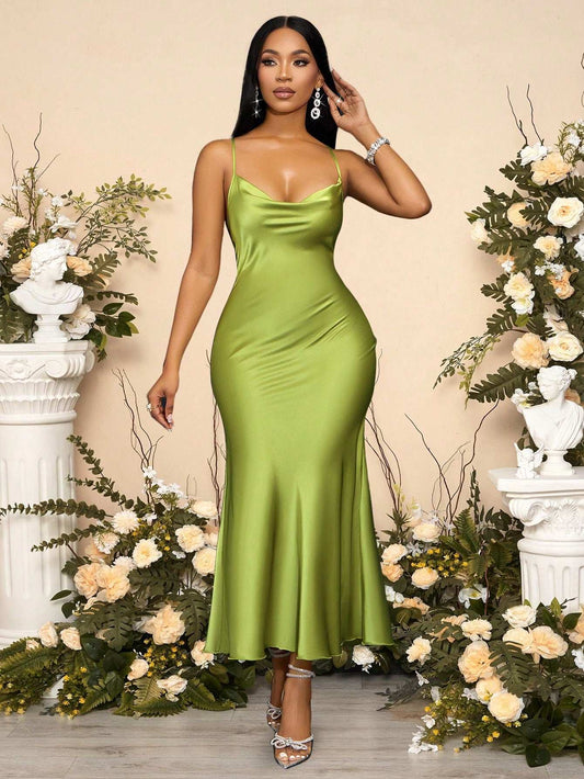SOLERSUN Halter, Suspender, Swing Collar, Pocket Collar, Low Waist, Cross Open Back, Fishtail, Long Green Matcha Green Dress, Sexy and Elegant Party Dress, Sisters Evening Dress, Ladies Dress Maxi Satin Women Outfit