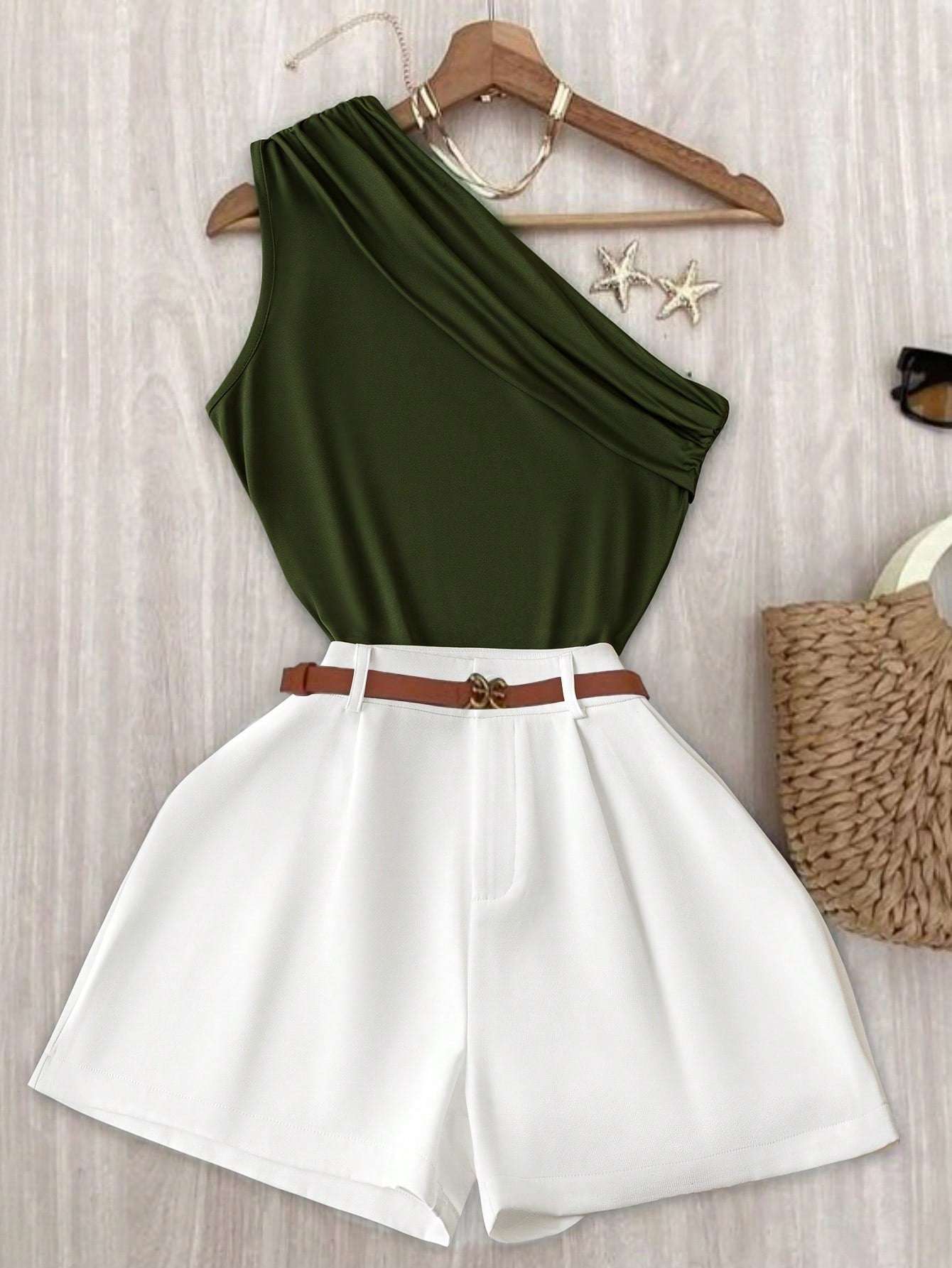 INAWLY Women'S Casual Plain Ruched Camisole and Shorts 2 Piece Set