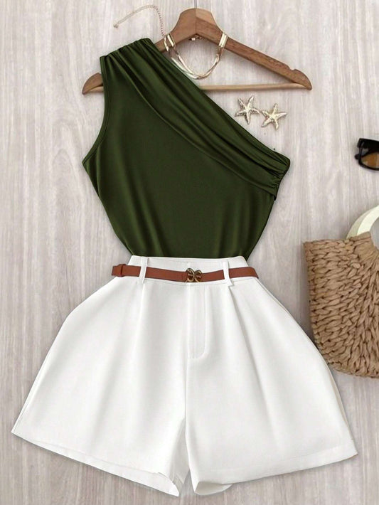 INAWLY Women'S Casual Plain Ruched Camisole and Shorts 2 Piece Set