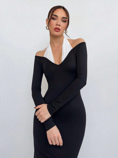 Aloruh Women'S Elegant Romantic Valentine'S Day Dress Birthday Dress Black and White Contrast Color Halter Knitted Dress Solid Color Basic Dress Long Sleeve Dress Bodycon Dress Spring