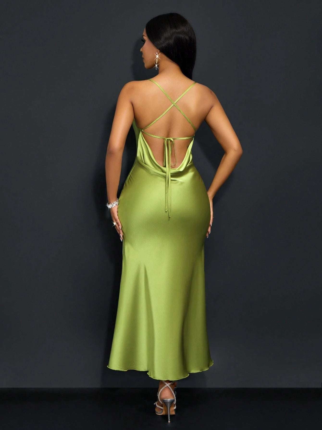 SOLERSUN Halter, Suspender, Swing Collar, Pocket Collar, Low Waist, Cross Open Back, Fishtail, Long Green Matcha Green Dress, Sexy and Elegant Party Dress, Sisters Evening Dress, Ladies Dress Maxi Satin Women Outfit