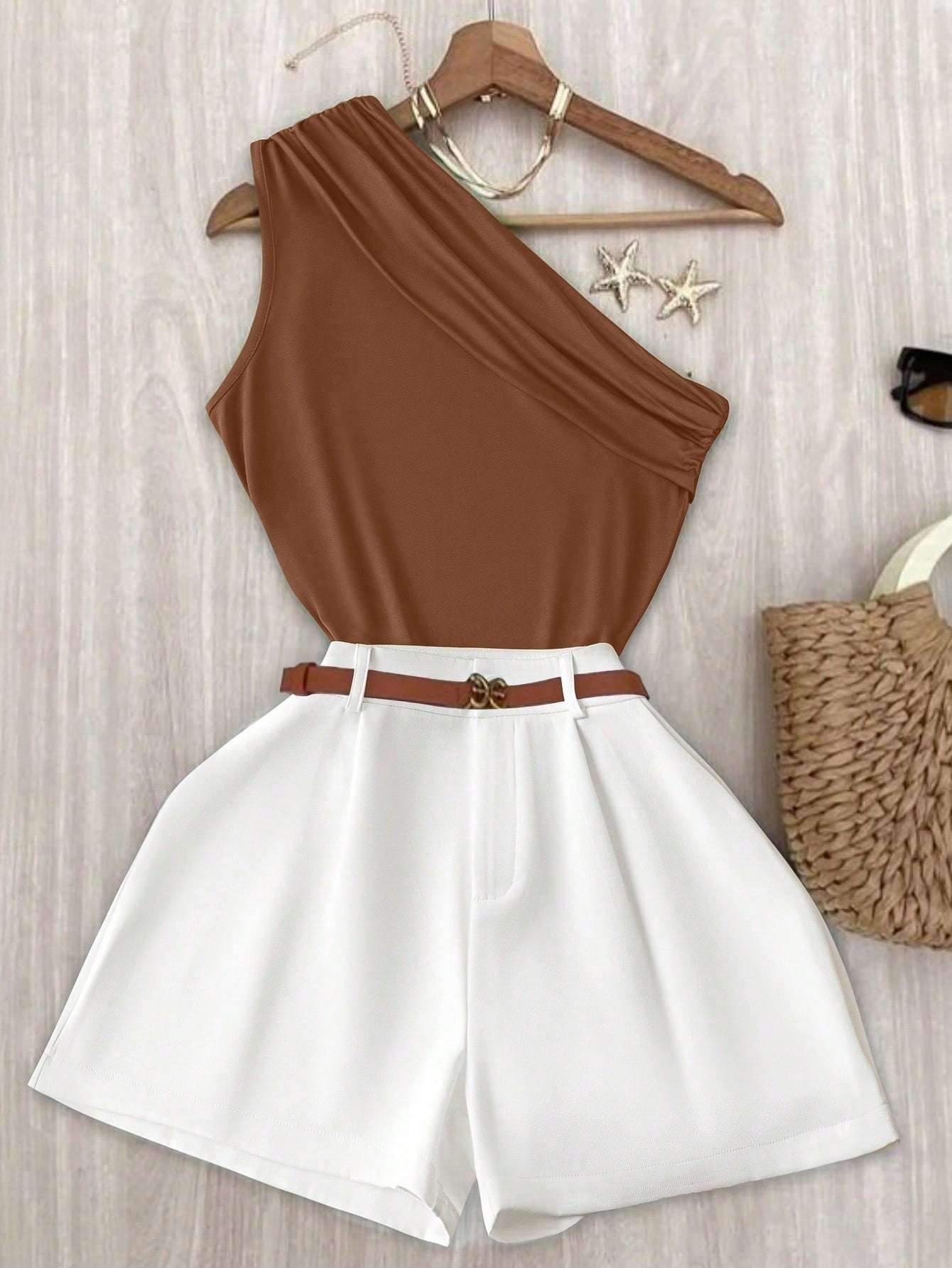 INAWLY Women'S Casual Plain Ruched Camisole and Shorts 2 Piece Set