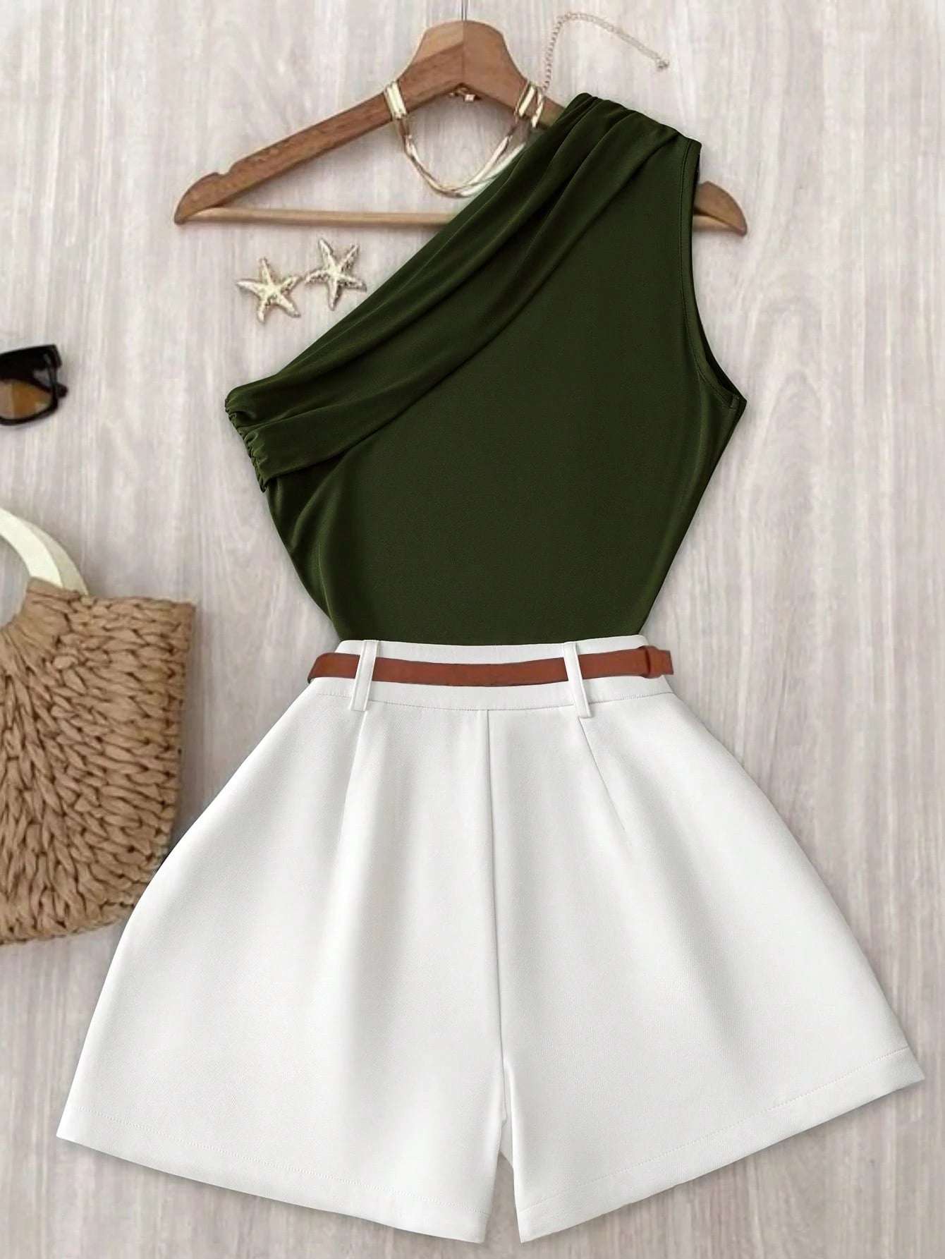 INAWLY Women'S Casual Plain Ruched Camisole and Shorts 2 Piece Set