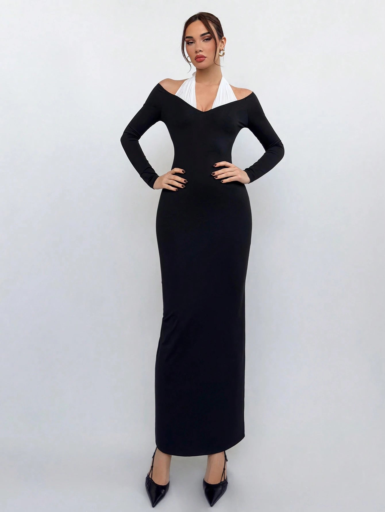 Aloruh Women'S Elegant Romantic Valentine'S Day Dress Birthday Dress Black and White Contrast Color Halter Knitted Dress Solid Color Basic Dress Long Sleeve Dress Bodycon Dress Spring