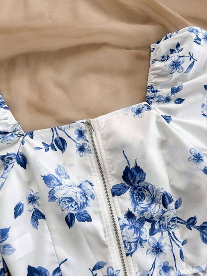 Soleia Casual Vacation Blue & White Asymmetrical Hem Printed Blouse for Women