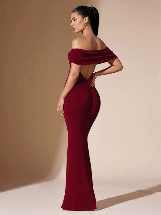 BAE Women'S Solid Color off Shoulder Sexy Sheer Elegant Mermaid Backless Fitted Graduation Dress