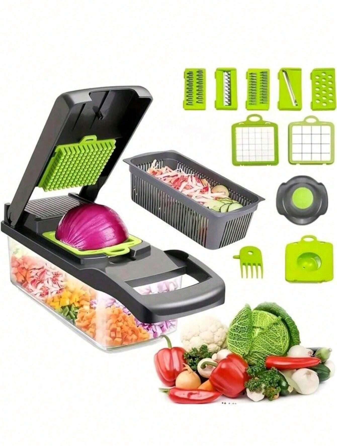 16Pcs/Set, Vegetable Chopper, Multifunctional Fruit Slicer, Manual Food Grater, Vegetable Slicer, Cutter with Container, Onion Mincer Chopper, Household Potato Shredder, Kitchen Stuff, Kitchen Gadgets, Dorm Essentials