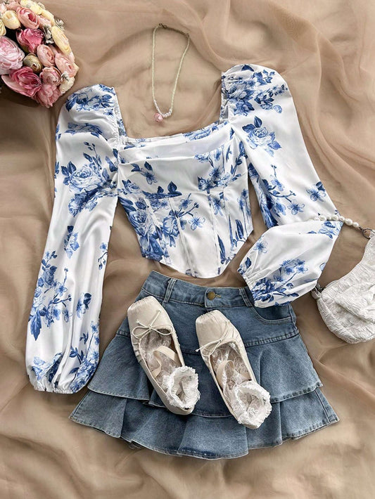 Soleia Casual Vacation Blue & White Asymmetrical Hem Printed Blouse for Women